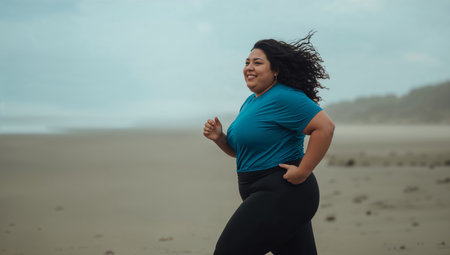 A woman runs along the shoreline of a beach, her hair flowing in the wind. The ocean waves crash gently as she enjoys the fresh air and exercise on a cloudy day.の素材