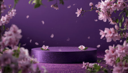A purple podium is surrounded by lush pink flowers and blooming branches, creating a serene and colorful scene suitable for various occasions. Perfect for celebrations and decorations.の素材