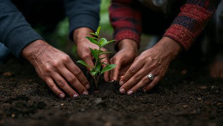 People are planting a young tree in rich soil, demonstrating teamwork and care for the environment in a garden setting. The activity promotes sustainability and nature conservation.の素材