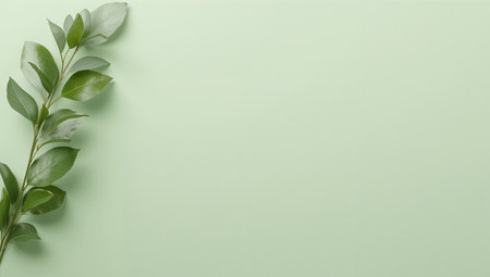 Fresh green leaves are elegantly placed on a light pastel background, creating a serene and calming atmosphere ideal for design and decoration.の素材
