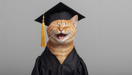 An orange cat wearing a graduation cap and gown smiles broadly. The backdrop is plain gray, highlighting the joyful moment of this feline graduation celebration.の素材