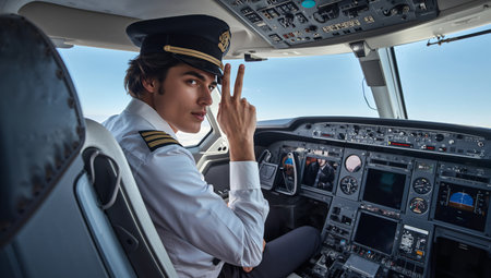 Young male pilot sits in an airplane cockpit, smiling and making a peace sign. Controls and instruments are visible, showcasing the modern flying experience.の素材