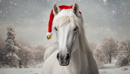 A white horse stands gracefully, adorned with a festive red Christmas hat. Snowflakes gently fall around it, creating a magical winter atmosphere.の素材