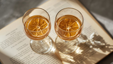 Two elegant glasses filled with a golden beverage sit atop an open book. Dried citrus slices float in the drinks, illuminated by warm sunlight.の素材