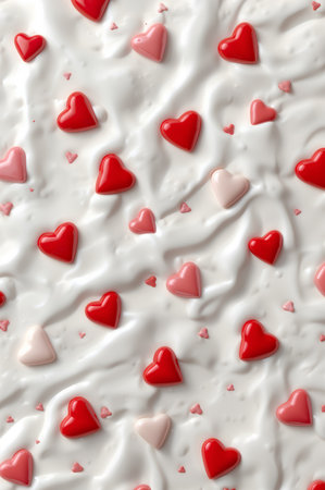 A delightful arrangement of red and pink heart-shaped candies scattered on a smooth white frosting surface. Perfect for celebrating love or special occasions.の素材