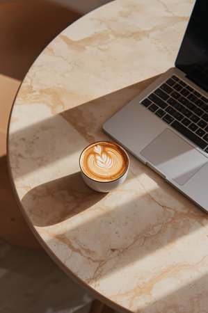 A warm cup of coffee sits beside a laptop on a stylish marble table. Soft sunlight casts gentle shadows, creating a cozy workspace.の素材