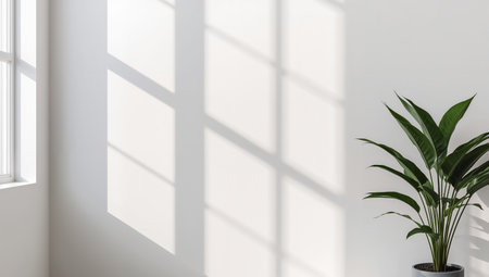 Bright sunlight filters through a window, creating soft shadows on a clean white wall next to a lush green plant in a cozy room set up for relaxation.の素材