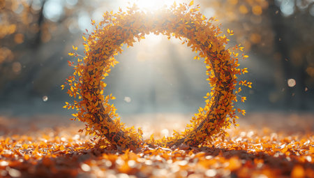 A circular arrangement of vibrant autumn leaves rests on the ground, illuminated by soft sunlight filtering through trees. The scene captures the essence of fall in nature.の素材