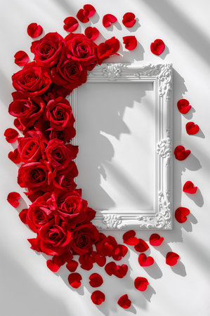 Beautiful red roses cascade around a white frame on a bright surface. Petals are scattered, creating a romantic and elegant atmosphere, perfect for special occasions.の素材