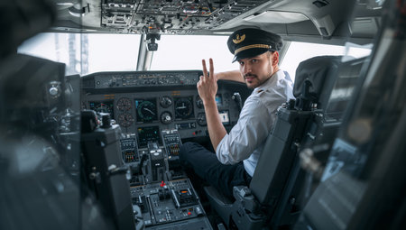 A pilot sits in the cockpit, smiling and flashing a peace sign. The cockpit is filled with controls and instruments, and the bustling airport can be seen outside.の素材