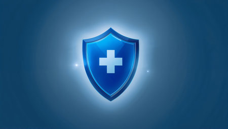 A blue shield with a white cross is glowing softly against a dark background. The design conveys protection and safety, suitable for health or security themes.の素材