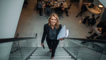 A confident woman carries folders up the stairs in a sleek office environment filled with colleagues working at their desks during the day.の素材