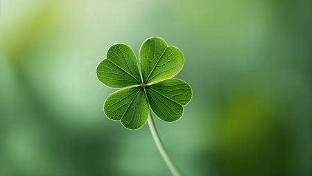 A single four-leaf clover is centered, showing its unique shape and bright green color. The background features a soft blur of greenery, creating a tranquil, natural scene.の素材