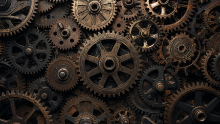 An arrangement of old gears and cogs in different sizes showcases the beauty of machinery. The dark setting enhances the details of rust and texture on each piece.の素材