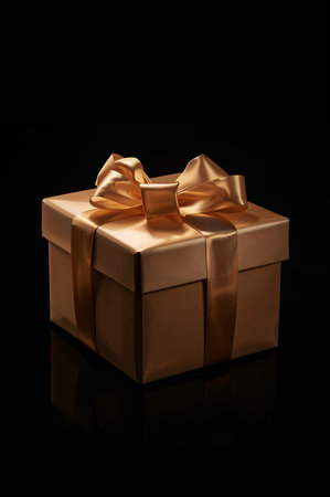 A beautifully wrapped golden gift box tied with a shiny ribbon sits against a dark backdrop, creating a striking visual contrast perfect for celebrations or special occasions.の素材
