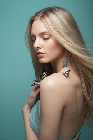A young woman with flowing blonde hair poses gracefully, adorned with delicate blue butterflies resting on her shoulder. The background suggests a serene studio vibe.の素材