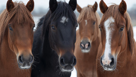 Four horses of different colors gather closely in a snowy field. The scene captures their calm expressions against the backdrop of winter.の素材