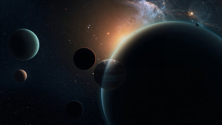 A vivid display of several planets surrounded by stars and cosmic elements. This serene moment captures the beauty of the universe at dusk, showcasing bright colors and celestial bodies.の素材