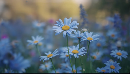 A field of blue flowers with yellow centers blooms in a meadow, surrounded by greenery under a clear sky during springtime. The scene is bright and colorful, radiating tranquility.の素材