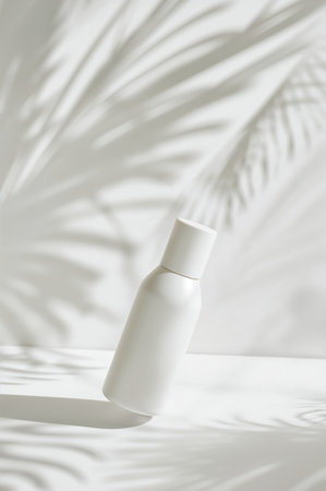 A simple white bottle stands upright on a surface, casting long shadows of palm leaves across a light-colored background. The ambiance is calm and serene, perfect for relaxation.の素材