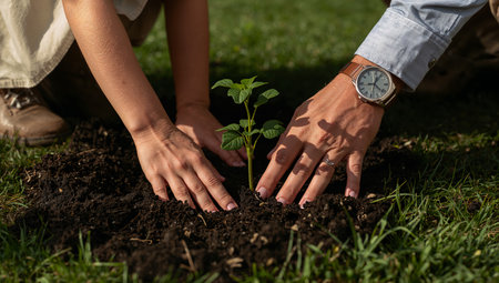 Two hands are working together to plant a young green plant in rich soil. The scene shows a sunny day, highlighting the beauty of nature and teamwork in gardening.の素材