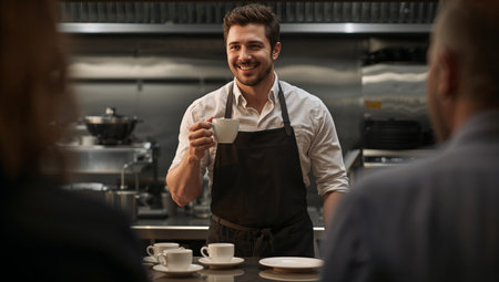 A young man serving coffee smiles at two customers in a bustling restaurant kitchen. He wears an apron and holds a cup, creating a friendly atmosphere.の素材