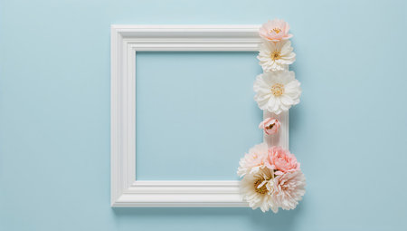 A white decorative frame is positioned against a blue background, adorned with pink and white flowers arranged elegantly on one side, creating a charming visual display.の素材