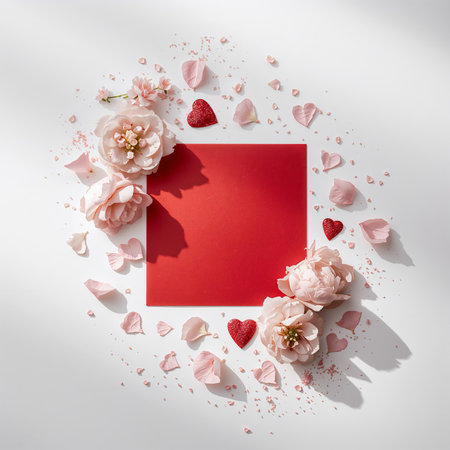 Pink and white flowers frame a red square on a light surface, decorated with heart shapes and petals, creating a perfect setting for a romantic event or occasion.の素材