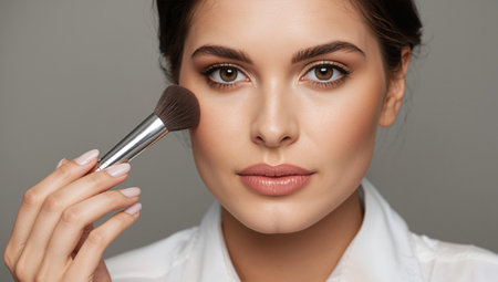 A woman applies blush to her cheeks with a makeup brush, showing a natural beauty look in a well-lit indoor setting. Her focused expression highlights her technique.の素材