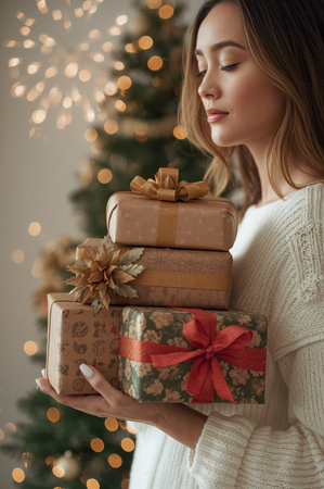 A woman stands gracefully, holding beautifully wrapped Christmas gifts in her hands. The warm glow of lights and a decorated tree create a cozy holiday atmosphere.の素材