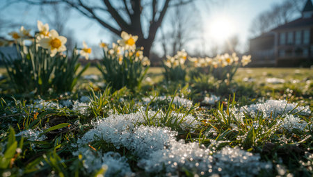 Daffodils shine brightly as the sun rises, surrounded by melting snow on the grass, marking the transition from winter to spring in a peaceful garden setting.の素材