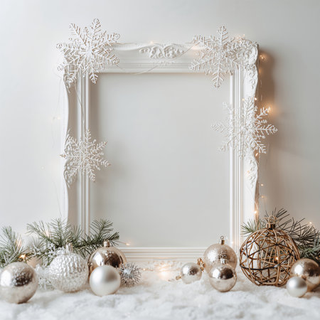 A white frame surrounded by snowflakes, fairy lights, and seasonal ornaments creates a cozy winter atmosphere. Perfect for holiday decorations and celebrations at home.の素材