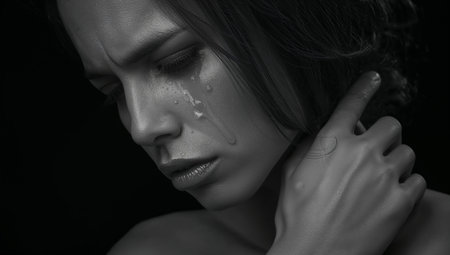 A woman stars intensely with tears on her cheeks, showing deep emotion. The lighting highlights her features in a dramatic black and white setting, creating a powerful atmosphere.の素材