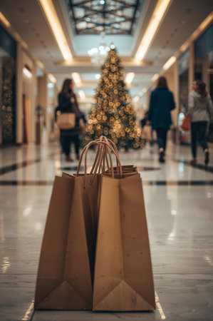 Shoppers walk through a modern mall adorned with bright lights and a large Christmas tree. Brown paper bags rest in the foreground, capturing the holiday spirit.の素材