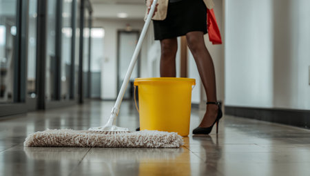 A person in a skirt and heels is mopping a shiny office floor with a yellow bucket nearby. The bright space features glass walls and a professional atmosphere.の素材