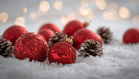 Red Christmas ornaments and pinecones are scattered on soft white snow. Warm, blurred lights twinkle softly in the background, creating a cozy holiday atmosphere.の素材