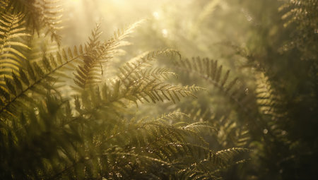 Sunlight softly shines through lush green ferns in a peaceful forest. The warm light creates a calming atmosphere, showcasing natures beauty in the early morning.の素材