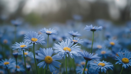 A field of blue flowers with yellow centers blooms in a meadow, surrounded by greenery under a clear sky during springtime. The scene is bright and colorful, radiating tranquility.の素材
