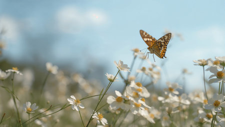 A butterfly flutters gracefully over a field of white flowers under a clear blue sky. The scene showcases the beauty of nature during a bright day.の素材