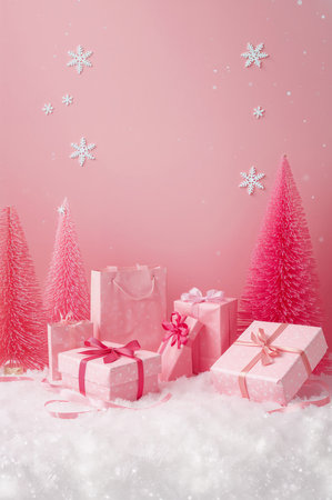 Pink holiday setting features a small decorated tree, wrapped gifts in pastel colors, and festive decorations, creating a joyful atmosphere for seasonal celebrations.の素材