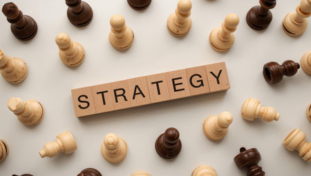 Chess pieces in black and white are arranged around the word strategy displayed prominently on a light surface, reflecting a thoughtful game atmosphere.の素材