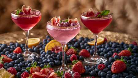 Three vibrant cocktails sit elegantly on a gold table, surrounded by fresh blueberries, strawberries, and lemon wedges. Each drink features colorful garnishes, adding charm to the scene.の素材