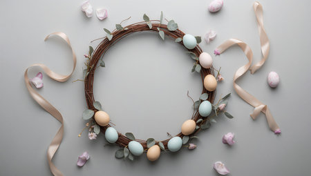 A circular wreath made of twigs features pastel colored eggs and soft leaves.の素材