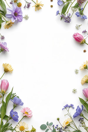 A variety of colorful flowers including daisies and pansies form an enchanting frame, surrounding a blank area suitable for notes, invitations, or personal messages.の素材