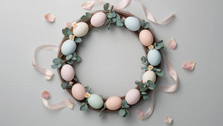 A circular wreath made of twigs features pastel colored eggs and soft leaves.の素材