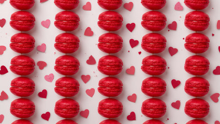 Red macarons are stacked into a tower, surrounded by hearts and decorations. The setup suggests a joyful celebration or a romantic occasion.の素材
