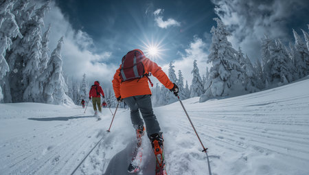 A skier in a bright orange jacket navigates a snowy slope surrounded by tall pine trees in a winter landscape. The sun shines through the clouds, creating a serene atmosphere.の素材