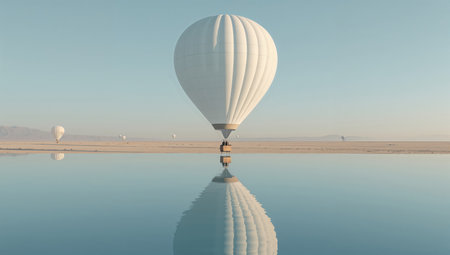 A hot air balloon drifts gracefully over a still body of water during early morning, its reflection clearly visible on the surface, creating a peaceful scene.の素材