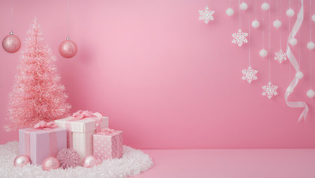 Pink holiday setting features a small decorated tree, wrapped gifts in pastel colors, and festive decorations, creating a joyful atmosphere for seasonal celebrations.の素材
