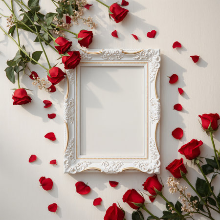 Red roses cascade over a decorative empty picture frame, surrounded by rose petals on a light surface, creating a romantic, elegant scene perfect for special memories and occasions.の素材